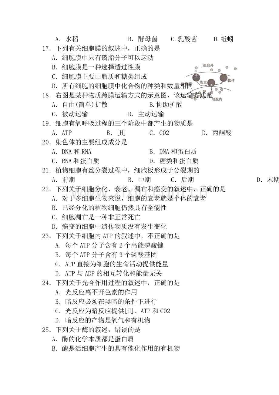 江苏省盐城市2015-2016学年高一生物上册期末试题.doc_第3页