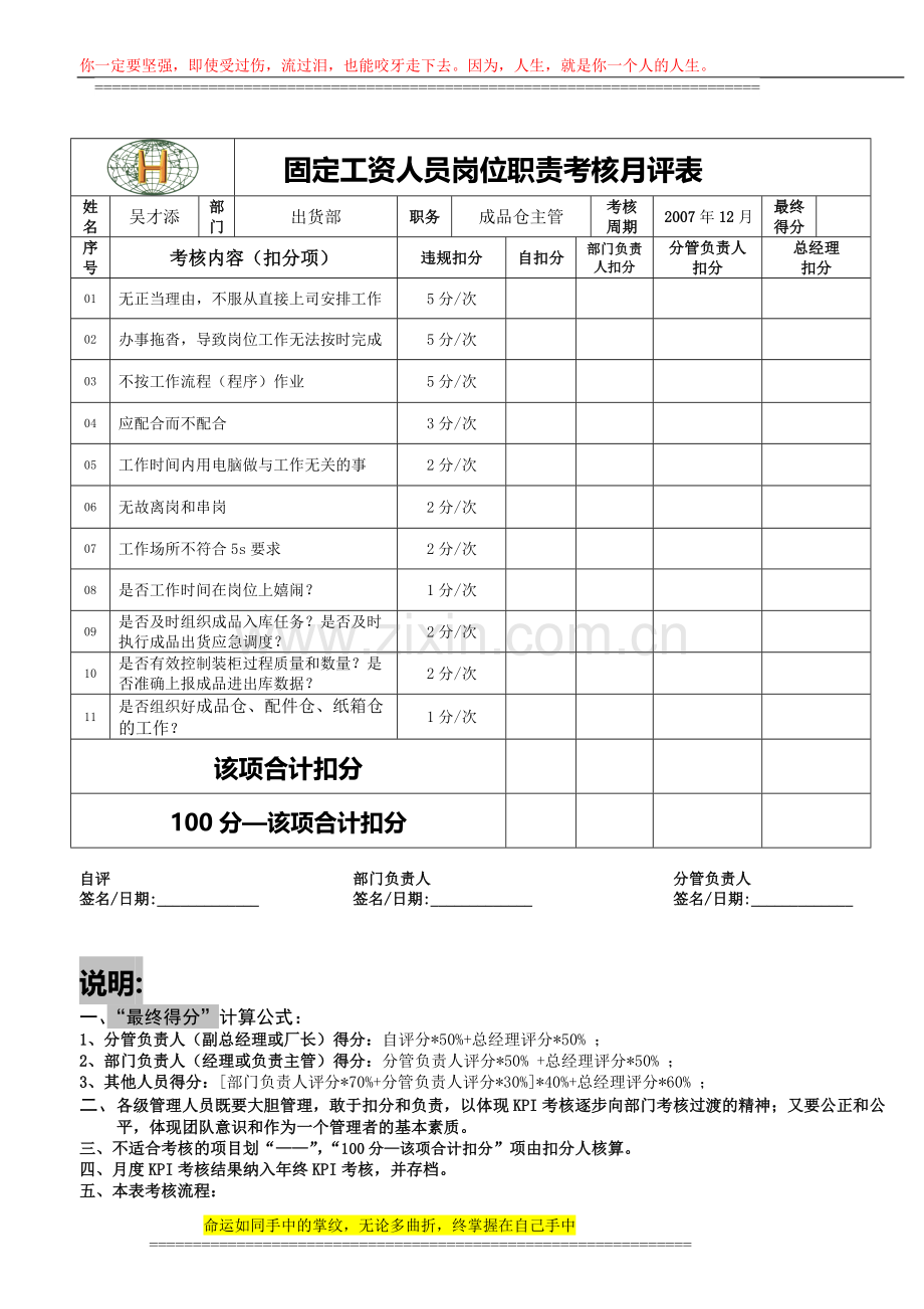 出货部人员岗位职责考核月评表071208..doc_第3页