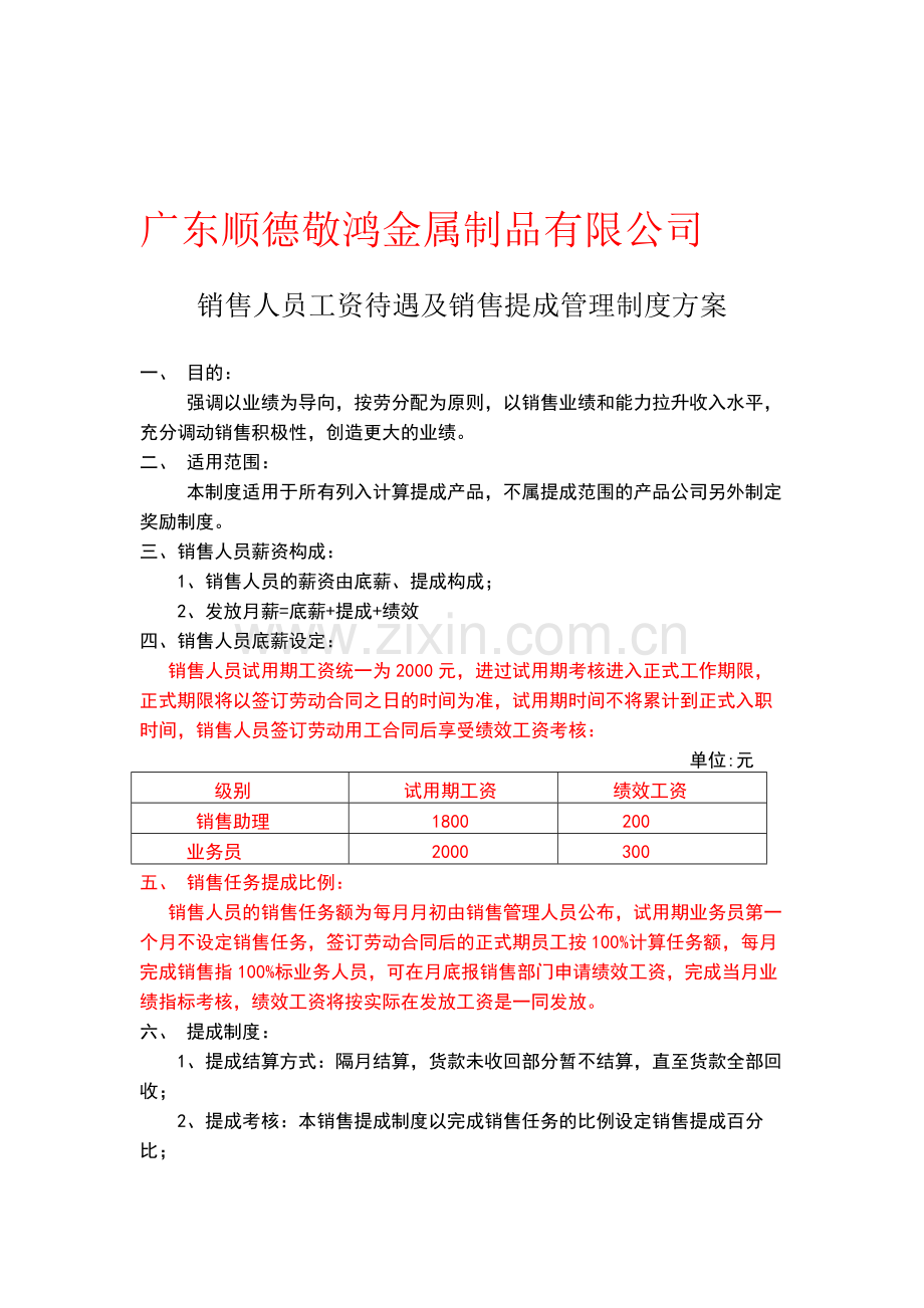 广东敬鸿金属制品有限公司业务员工资待遇及销售提成管理制度方案.doc_第1页