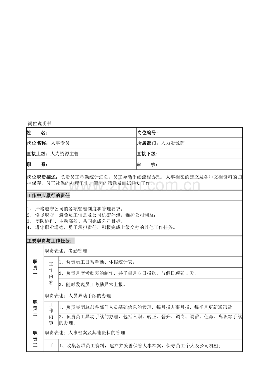 房地产公司人事专员岗位说明书.doc_第1页