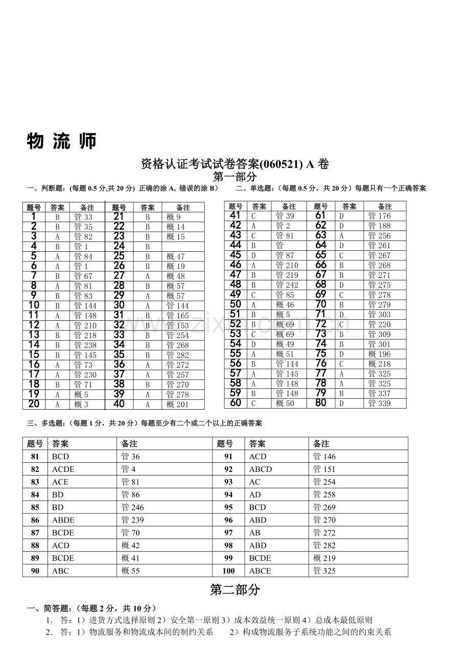 2006年5月物流师考试真题A答案.doc_第1页