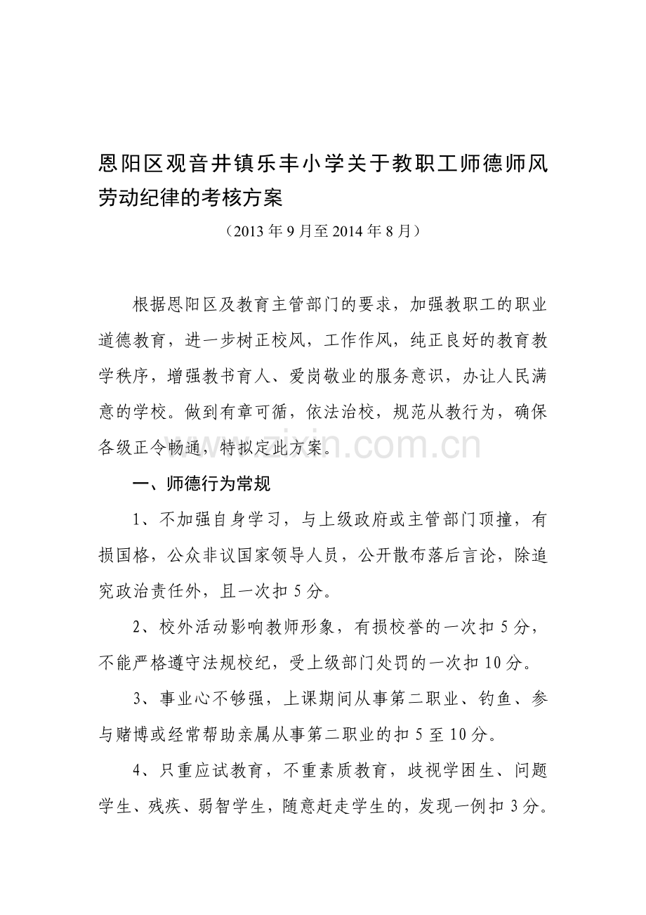 乐丰小学教职工师德师风---劳动纪律考核方案.doc_第1页