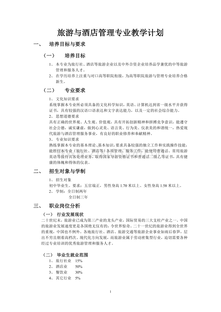 旅游与酒店管理专业教学计划.doc_第1页