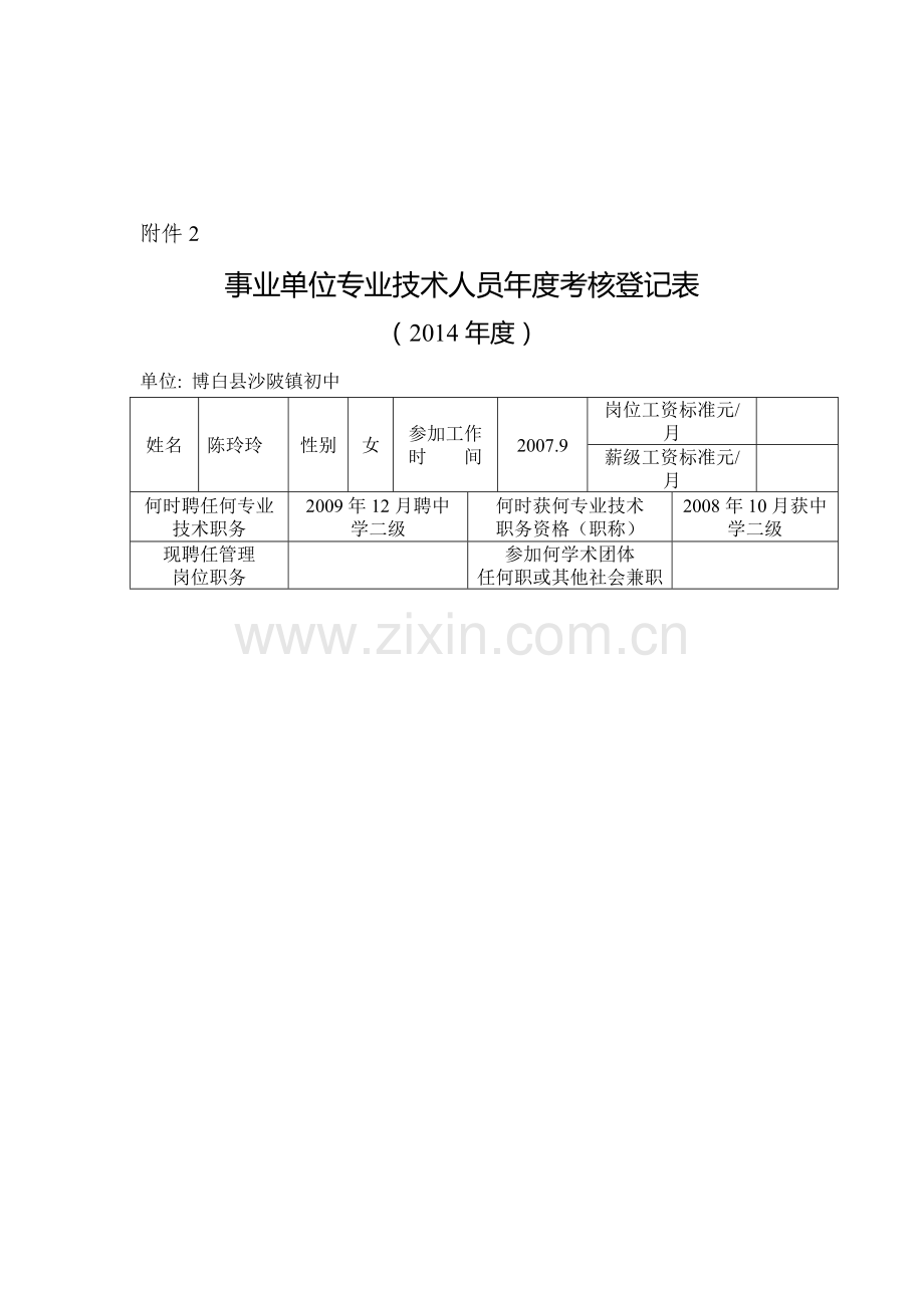 2014年度事业单位专业技术人员年度考核登记表.doc_第1页