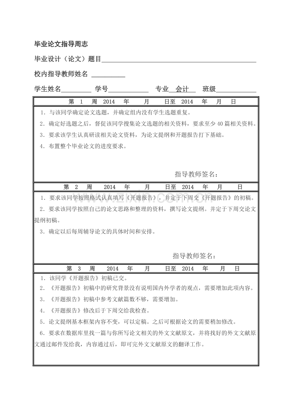 武汉工程大学2014管理学院会计专业毕业设计(论文)指导周志.doc_第1页