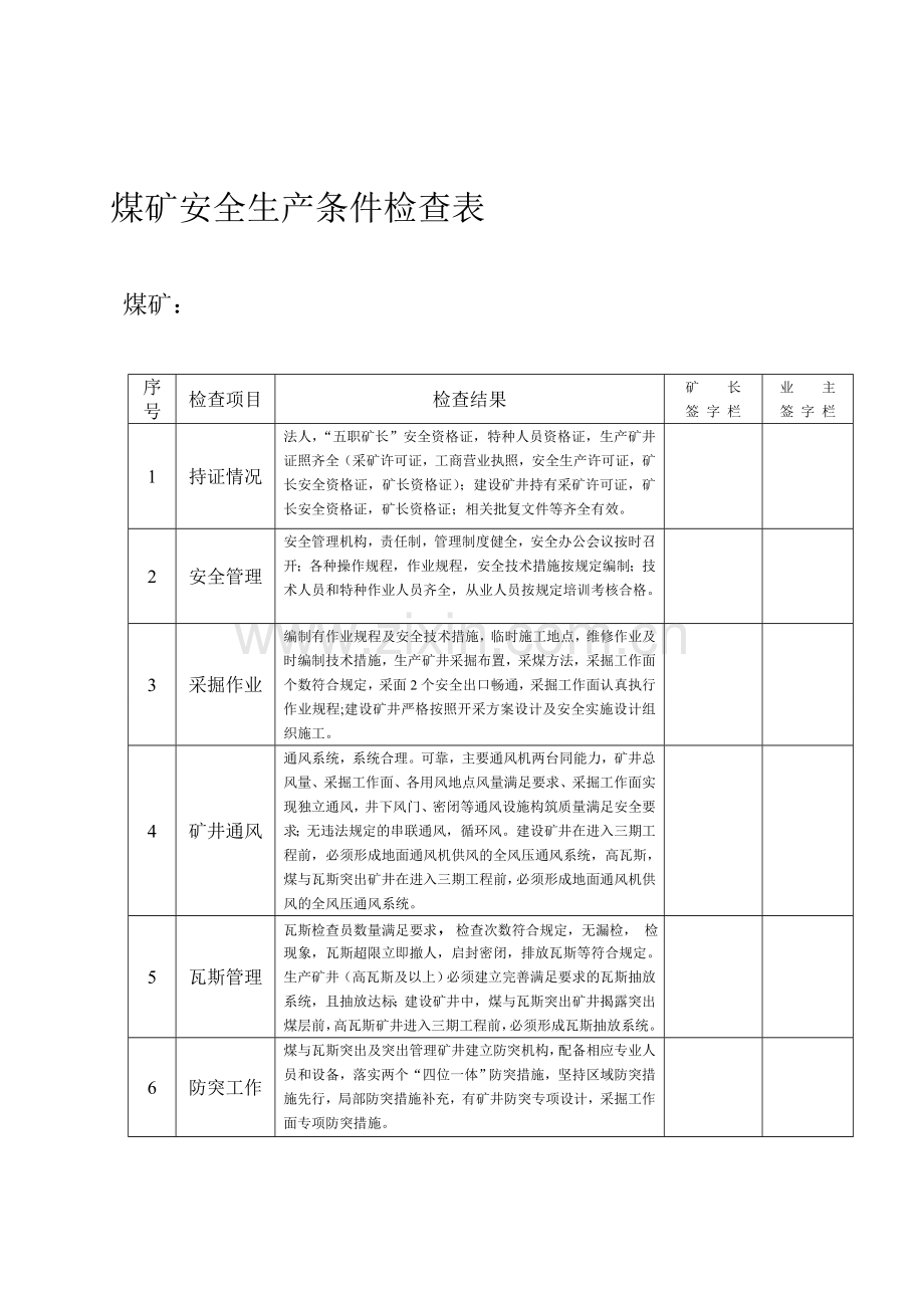 煤矿安全生产条件检查表2.doc_第1页