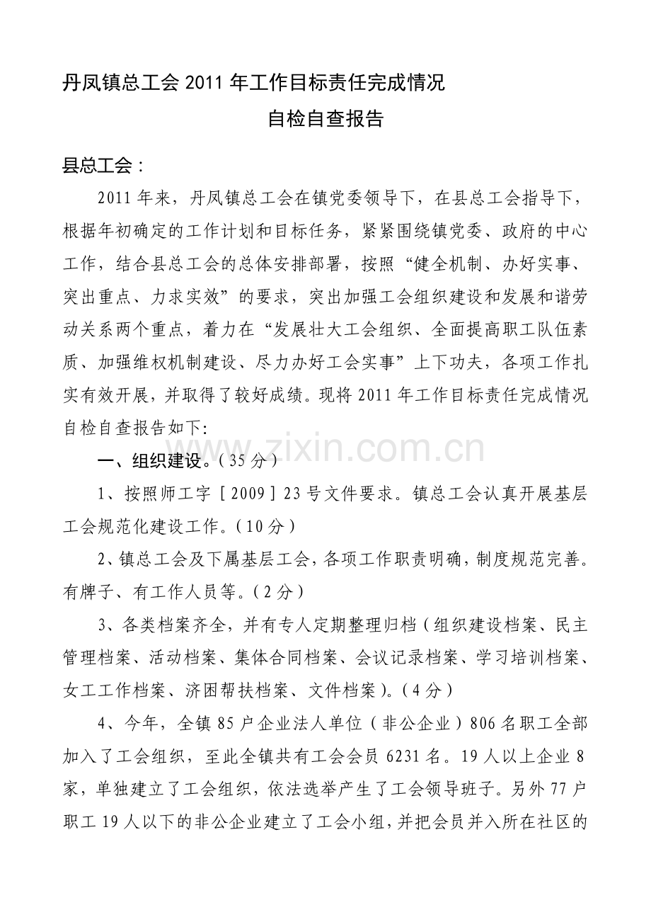 丹凤镇总工会2011年目标责任制考核自检自查报告.doc_第1页