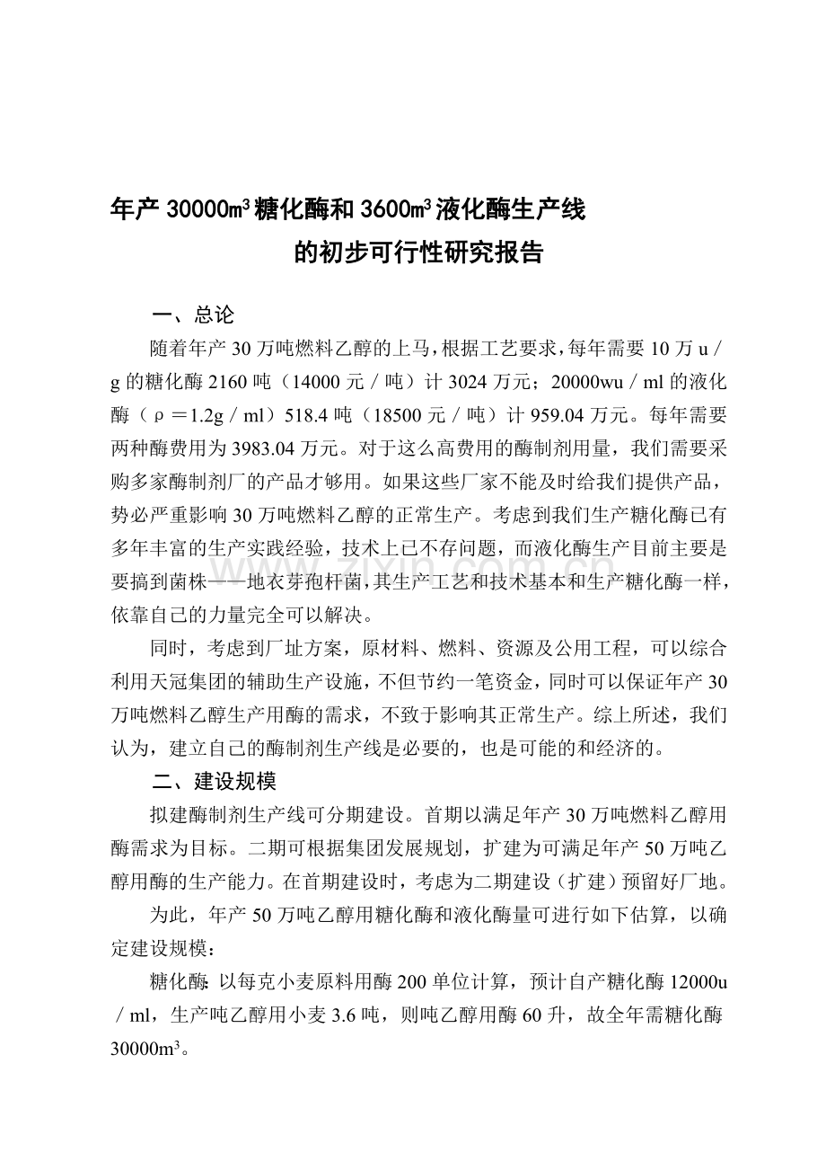 100万吨糖化酶、液化酶生产线实践初步可行性报告.doc_第1页