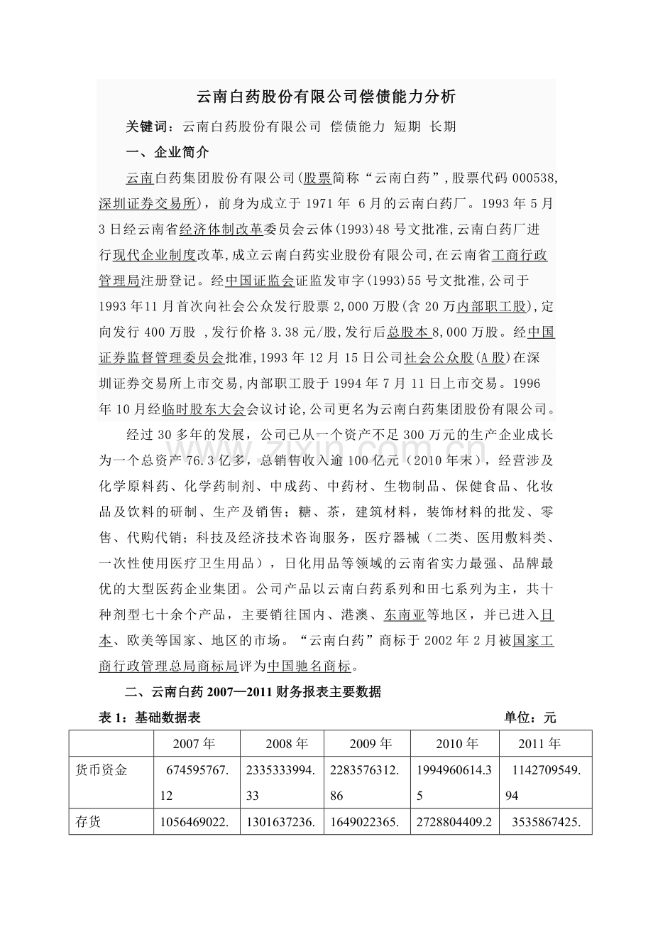 云南白药集团股份有限公司偿债能力分析.doc_第1页