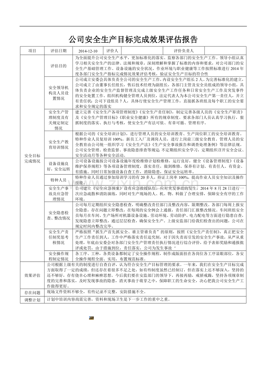 公司安全生产目标完成效果评估报告.doc_第1页