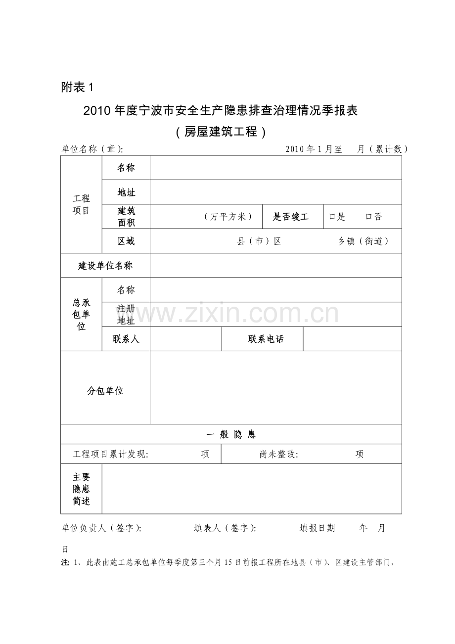 2010年度宁波市安全生产隐患排查治理情况季报表.doc_第1页