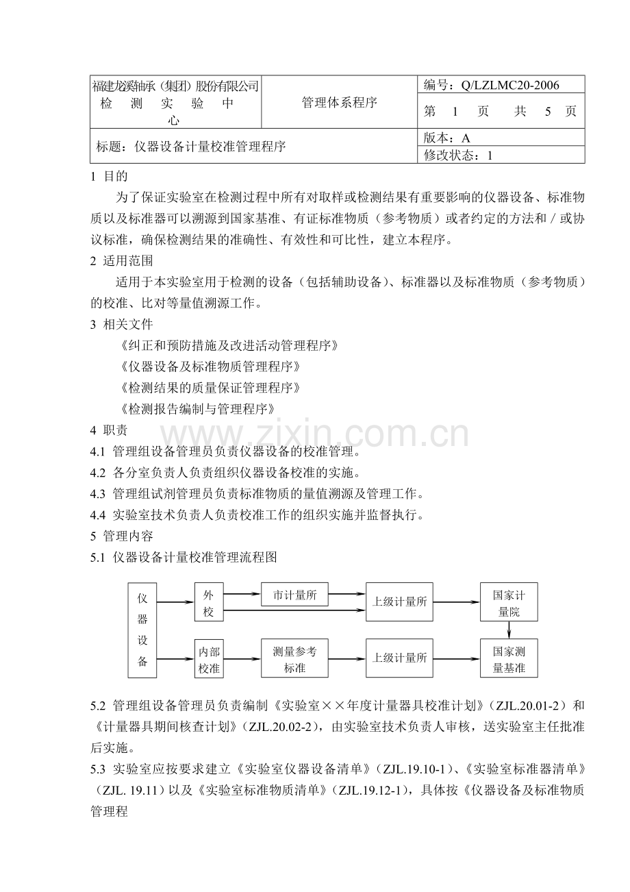 LZLMC20-2006仪器设备计量校准管理程序.doc_第1页