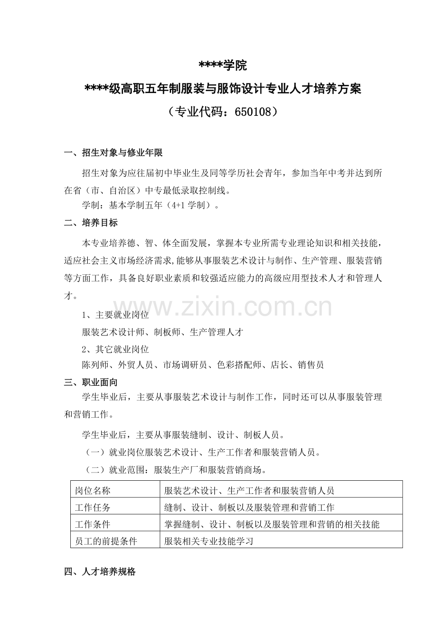 五年制服装与服饰设计高职方向人才培养方案-改.doc_第1页