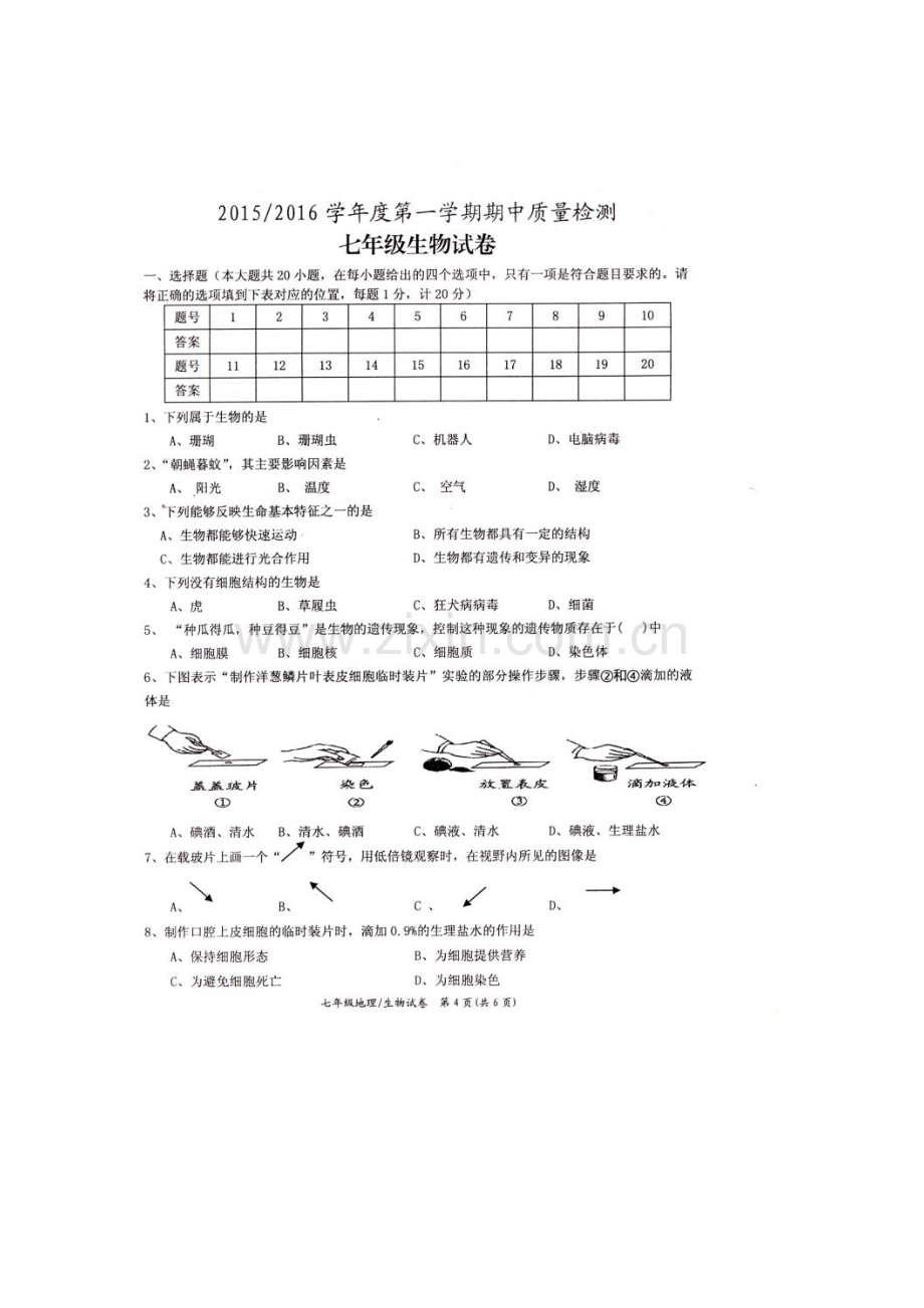 2015-2016学年七年级生物上册期中调研测试题2.doc_第1页