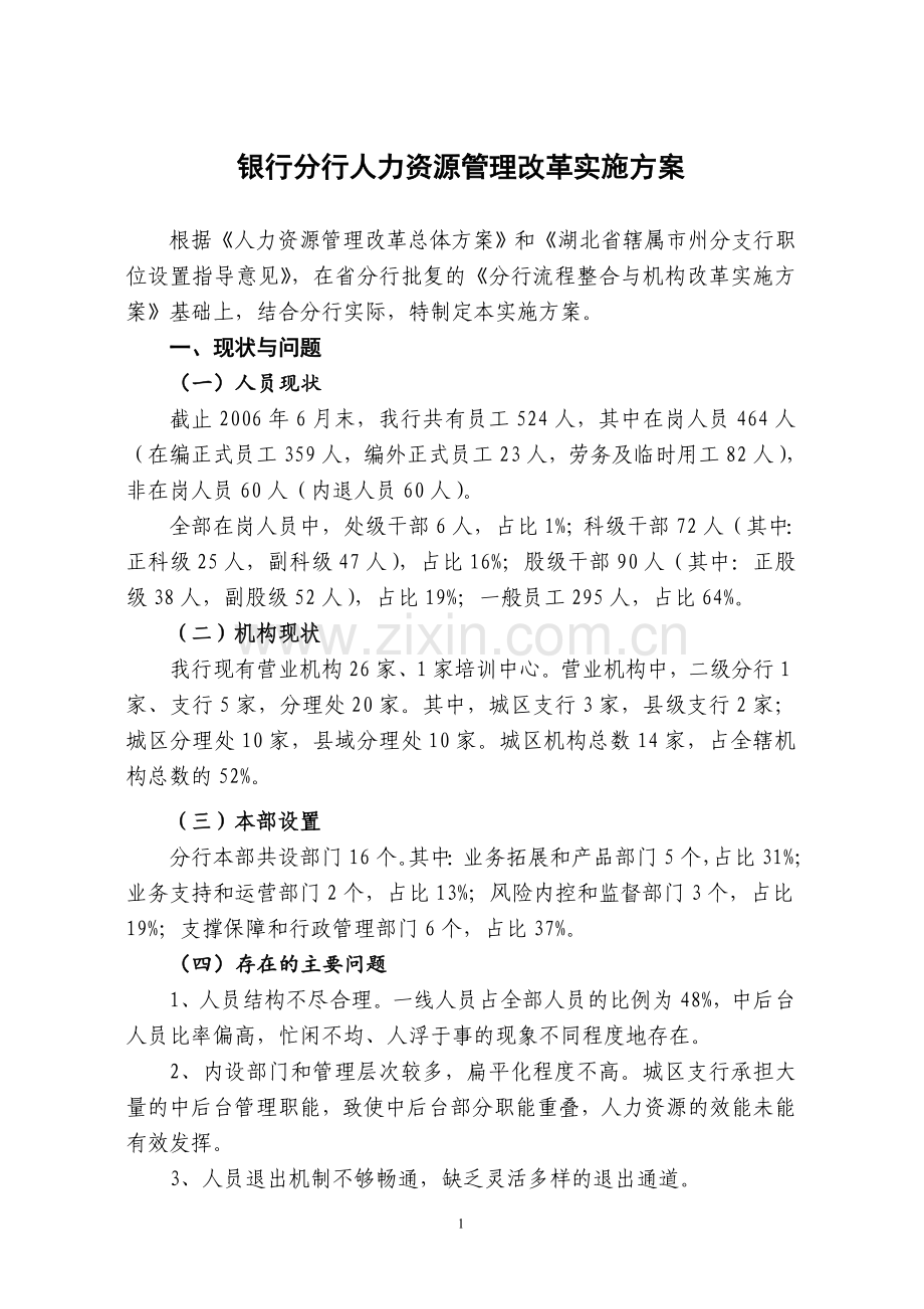 银行分行人力资源管理改革实施方案.doc_第1页