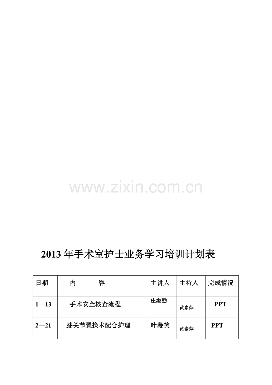 2014年手术室护士业务学习计划表1.doc_第1页