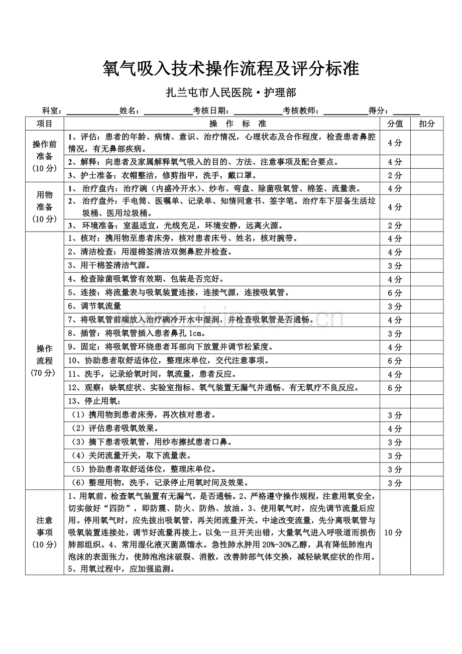 氧气吸入技术操作流程及评分标准.doc_第1页