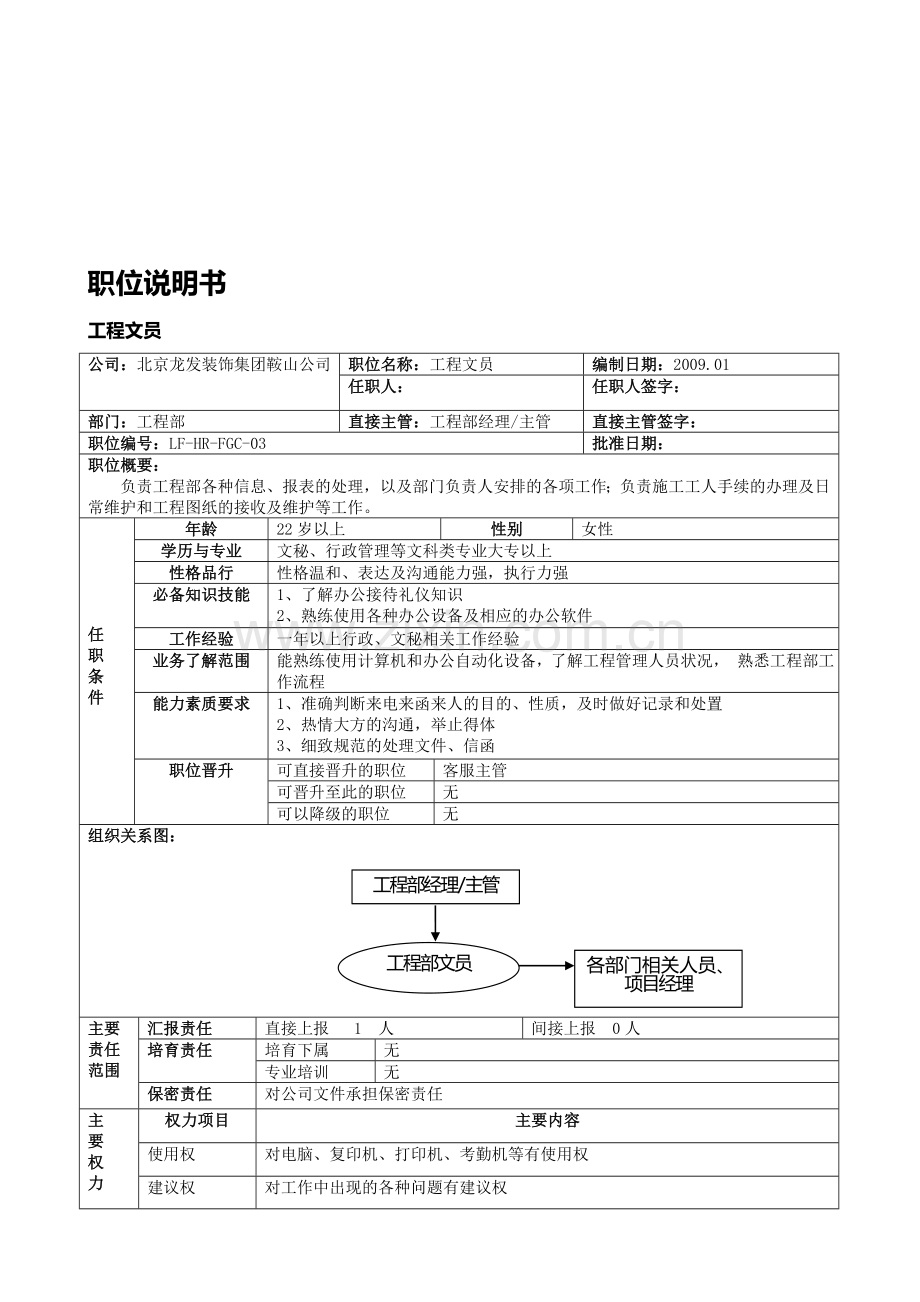 工程部文员职位说明书.doc_第1页