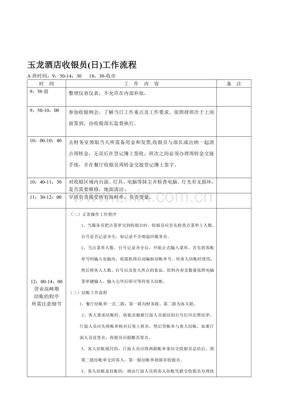 玉龙酒店财务部收银工作日流程.doc_第1页