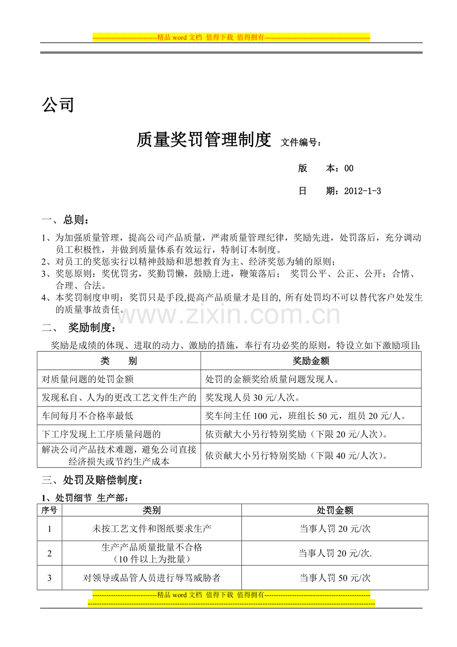 公司质量奖罚管理制度SH.doc_第1页