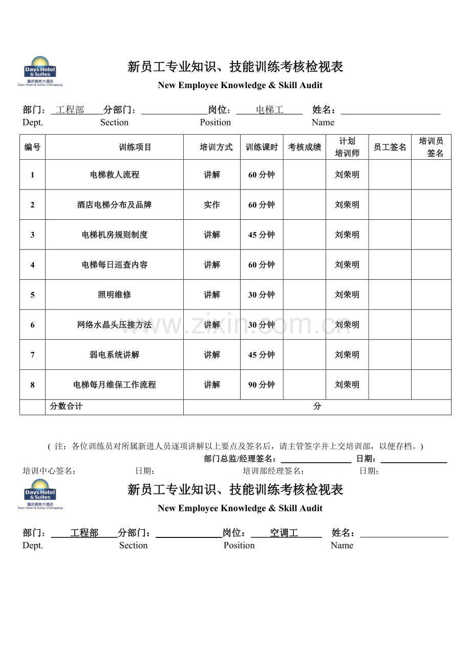 工程部-新员工专业知识技能训练考核检视表-.doc_第1页