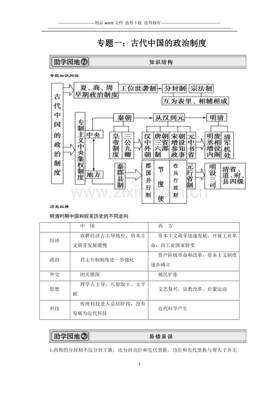 专题一古代中国的政治制度.doc_第1页