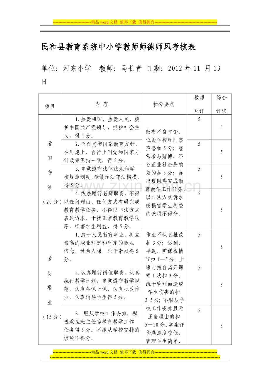 民和县教育系统中小学教师师德师风考核表..doc_第1页