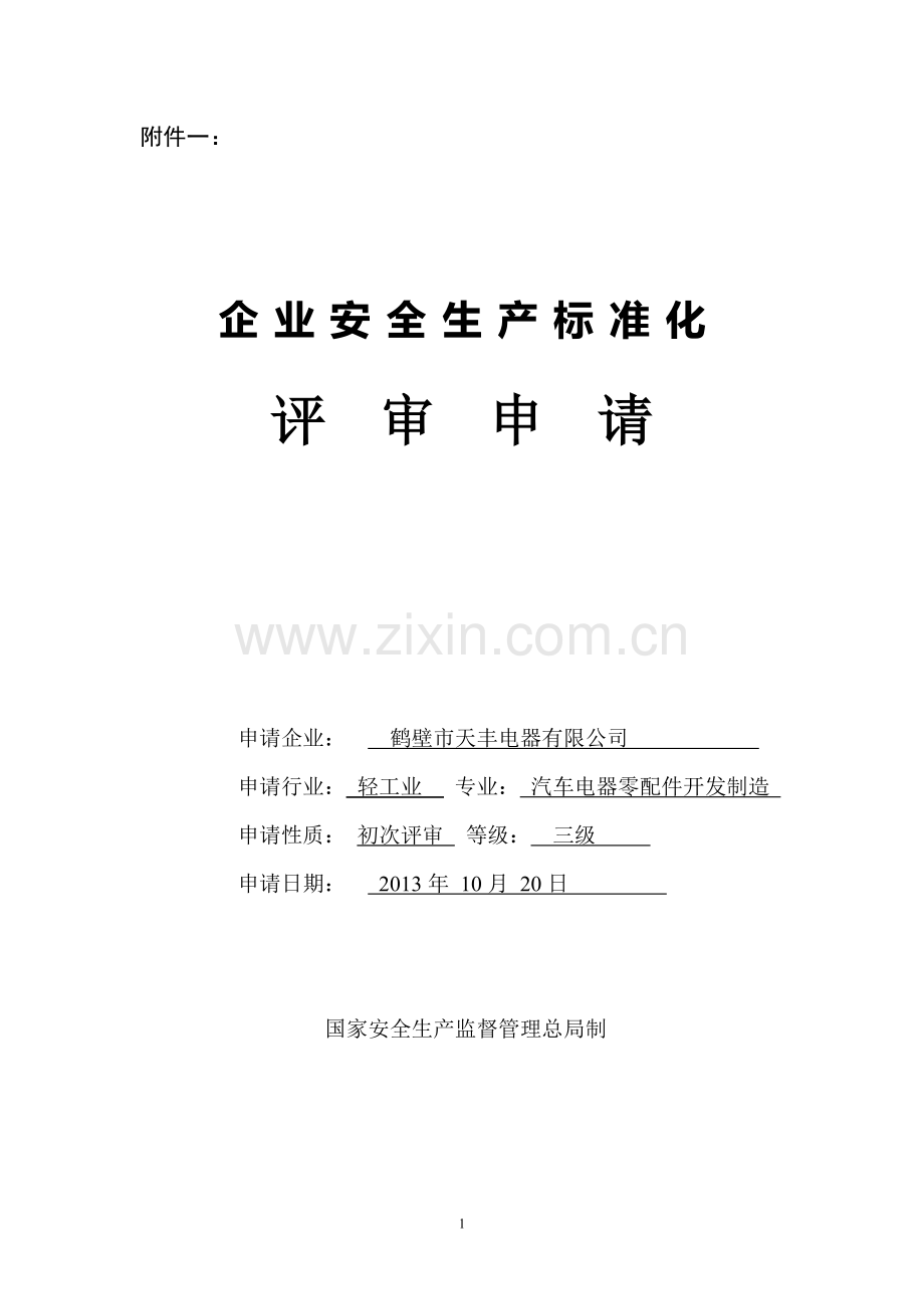 企业安全生产标准化评审申请表.doc_第1页