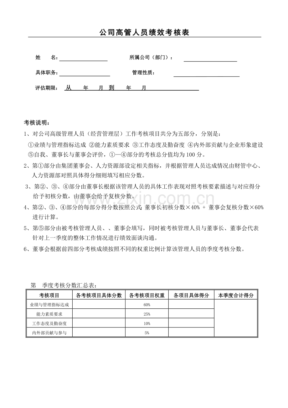 公司高层管理人员考核表.doc_第1页