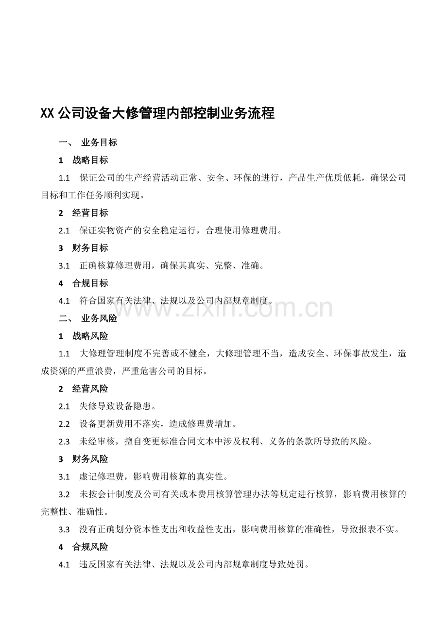 XX公司设备大修管理内部控制业务流程.doc_第1页