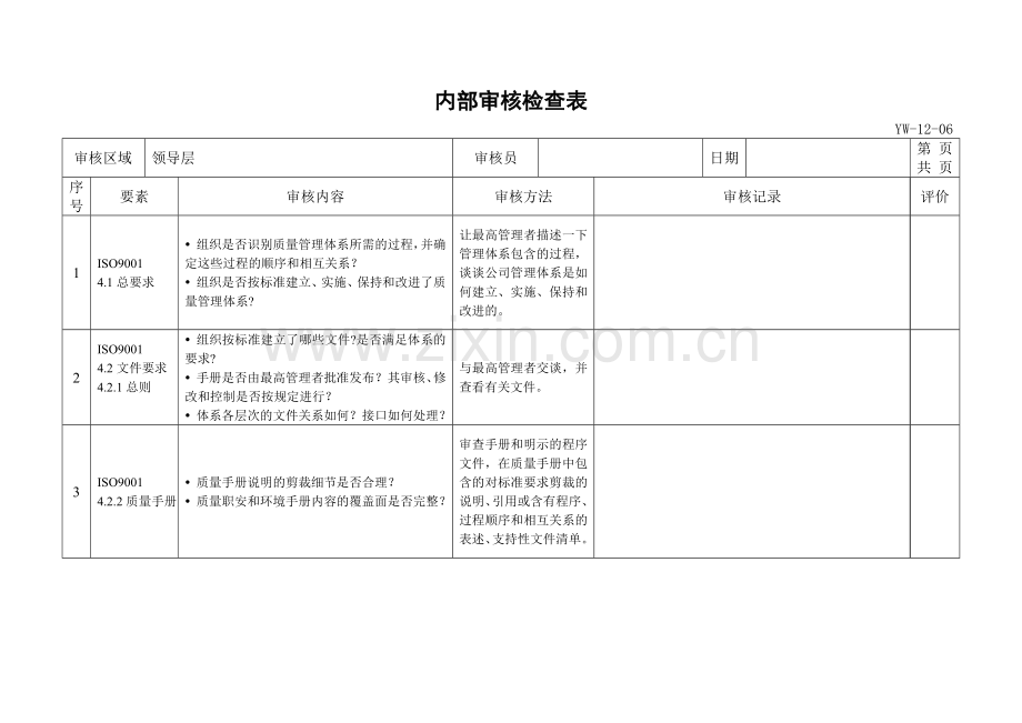 质量管理体系内审检查表.doc_第1页