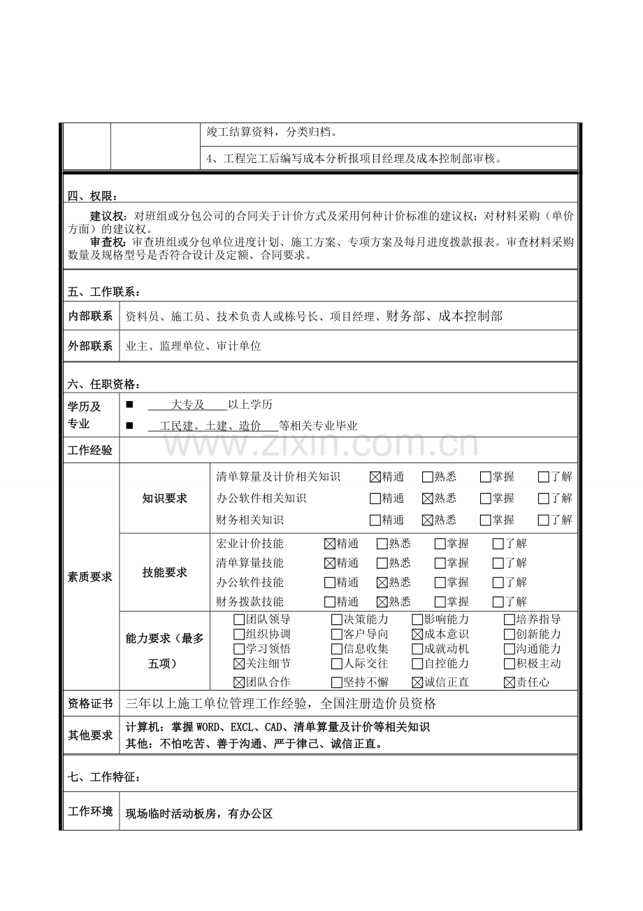 肖臣提交(造价员)岗位职责说明书.doc_第2页