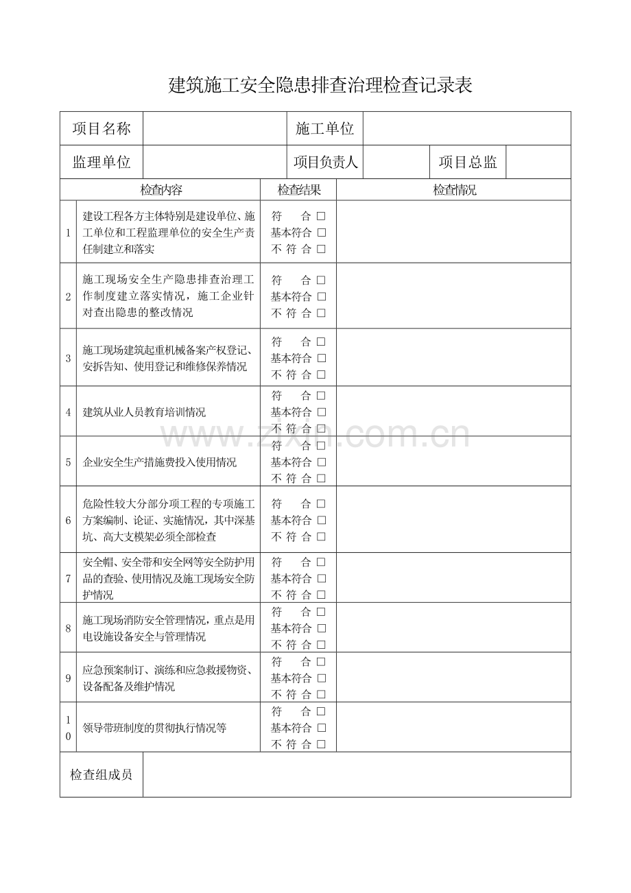 建筑施工安全隐患排查治理检查记录表.doc_第1页