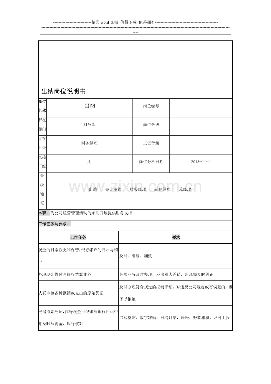 出纳岗位说明书及胜任力模型.doc_第1页