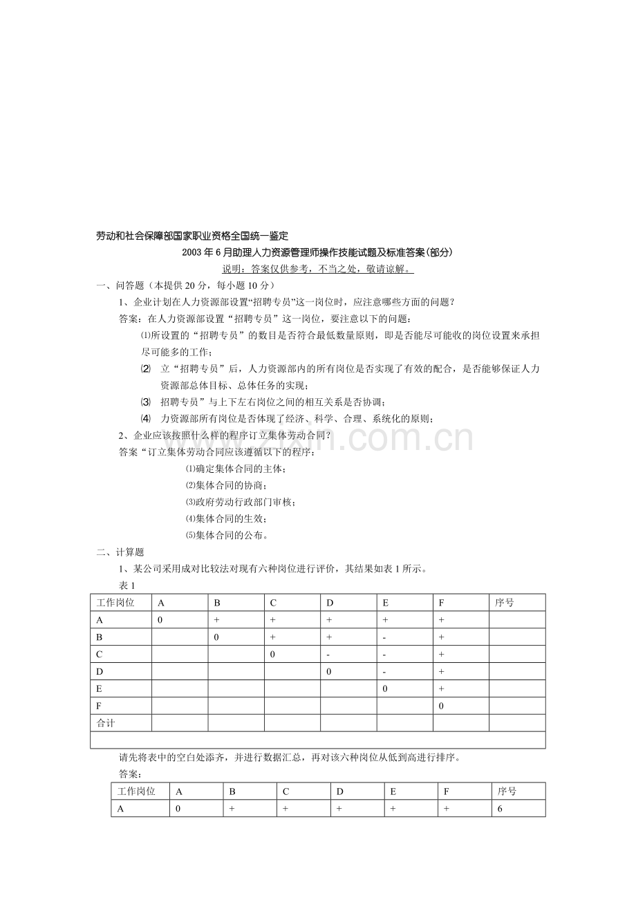 2003年6月助理人力资源管理师操作技能试题及标准答案(部分).doc_第1页