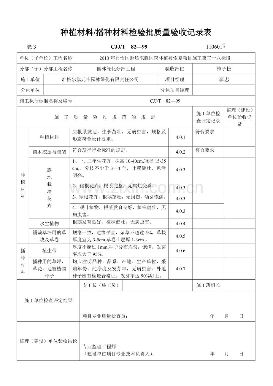 绿化(方面)检验批质量验收记录表格.doc_第1页