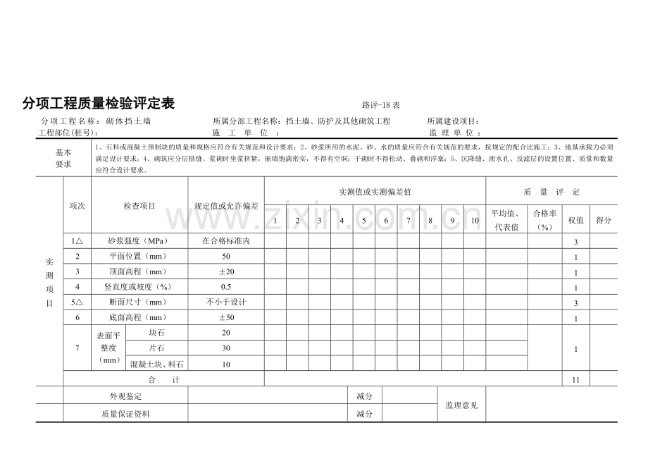 3挡土墙防护及其他砌筑分项工程质量检验评定表18-33.doc_第1页