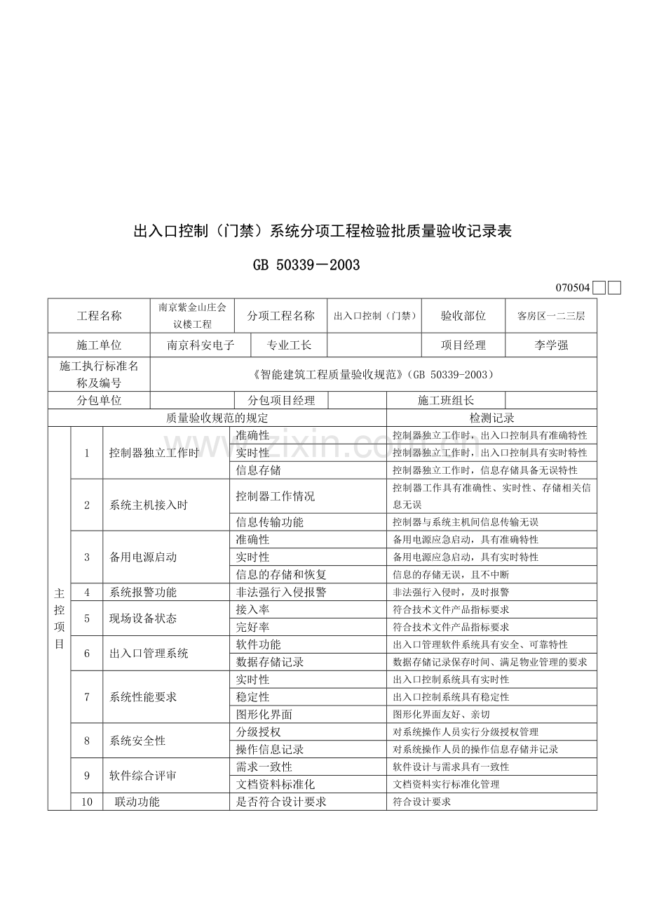 出入口控制(门禁)系统分项工程检验批质量验收记录表.doc_第1页