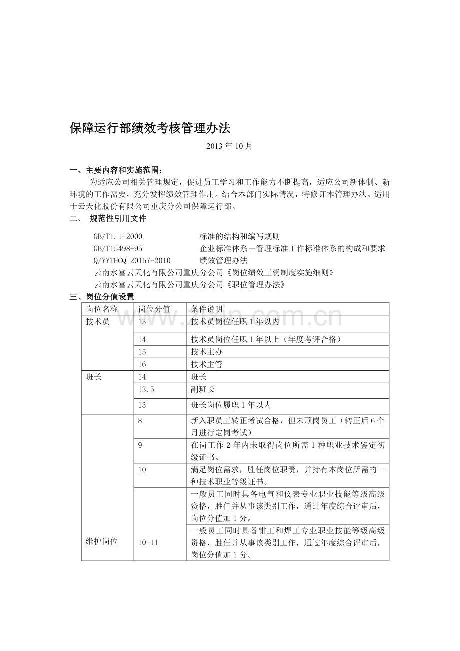 保障运行部绩效考核管理办法2013年10修订.doc_第1页