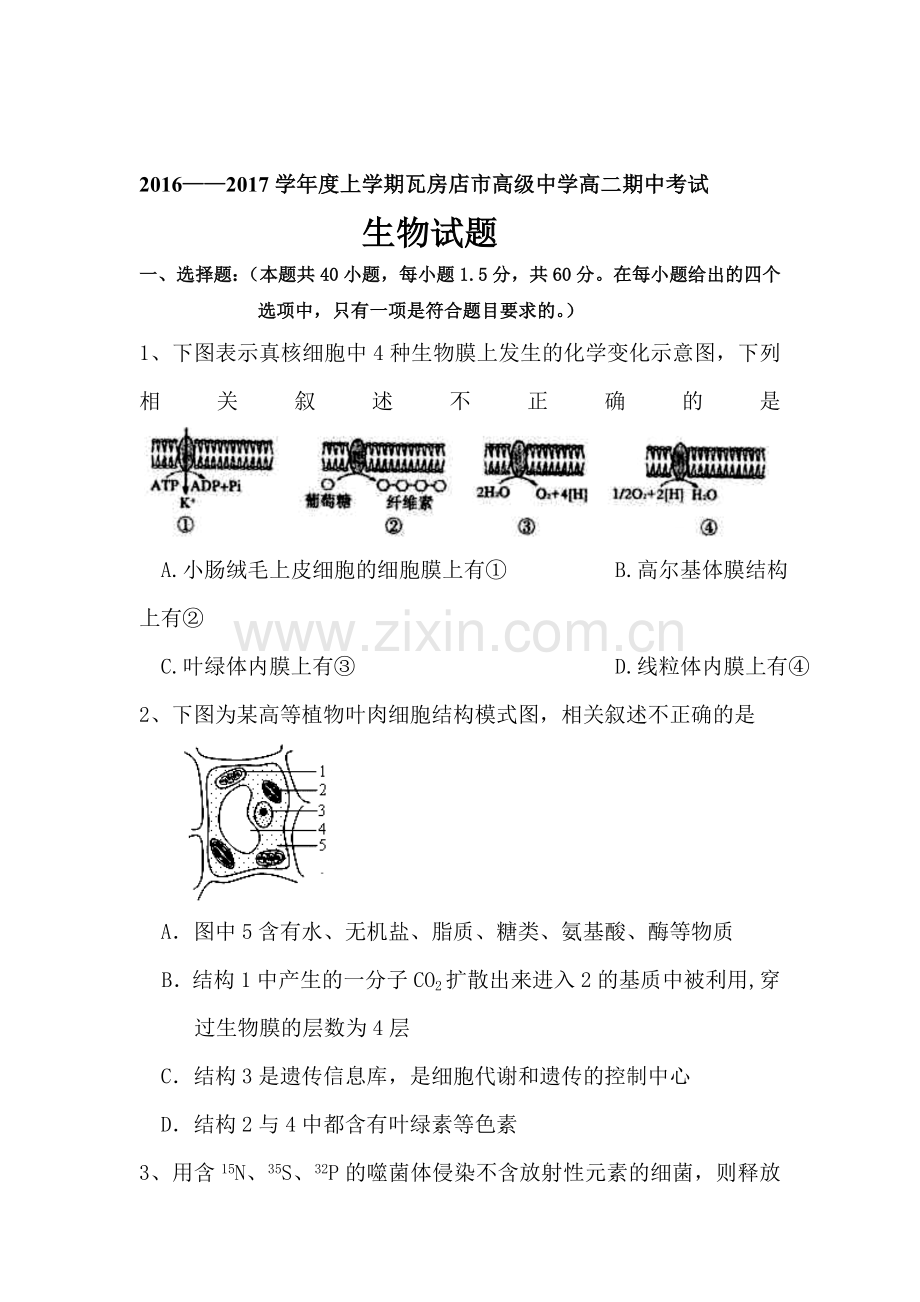 辽宁省瓦房店市2016-2017学年高二生物上册期中考试题.doc_第1页