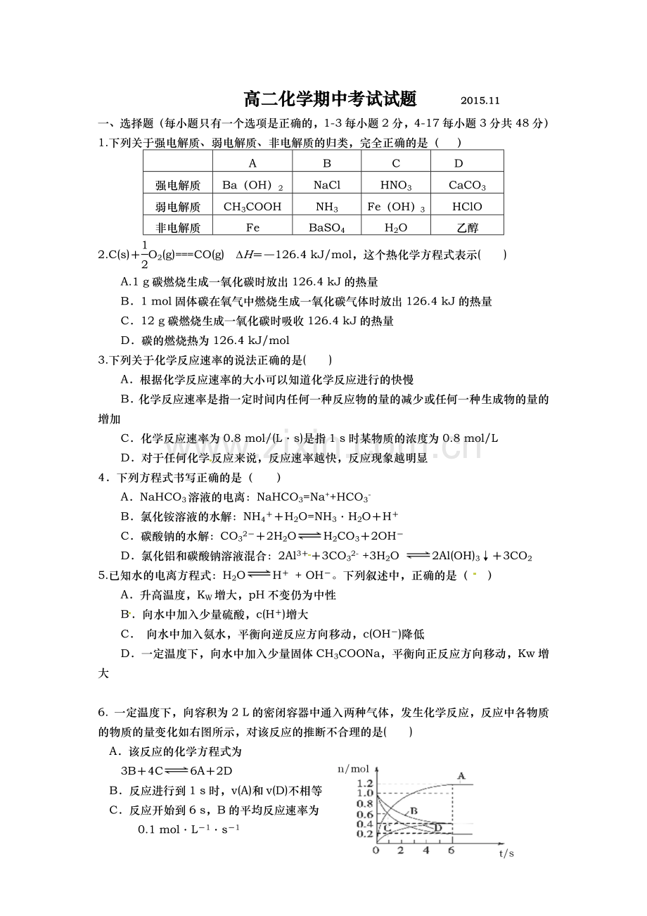 山东省武城县2015-2016学年高二化学上册期中考试试题.doc_第1页