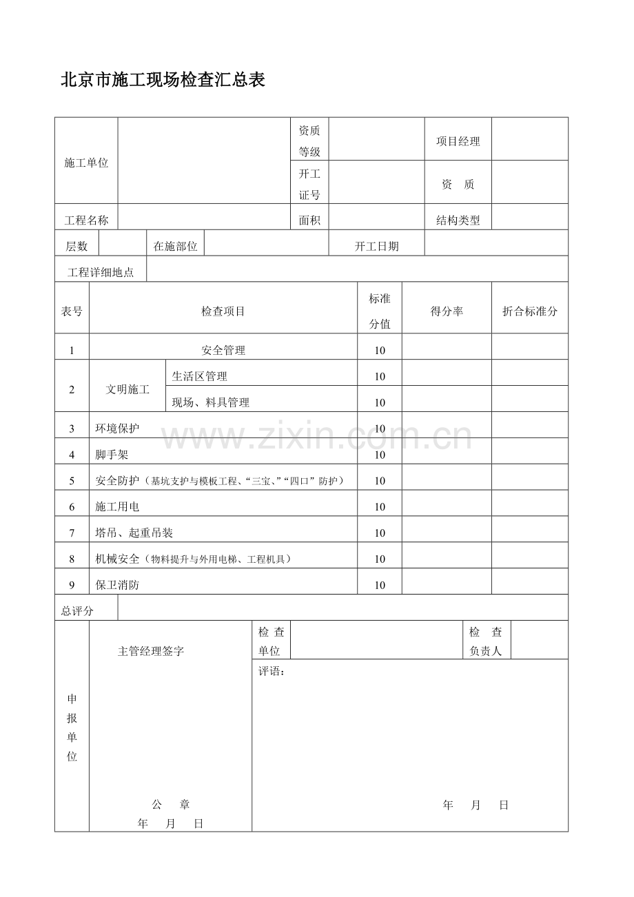 北京市施工现场检查汇总表.doc_第1页