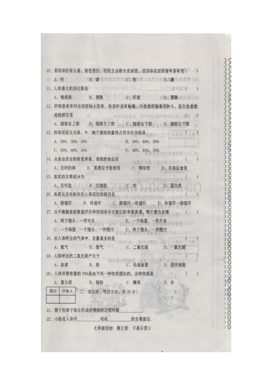 河南省周口市2015-2016学年七年级生物下册期中测试题.doc_第2页