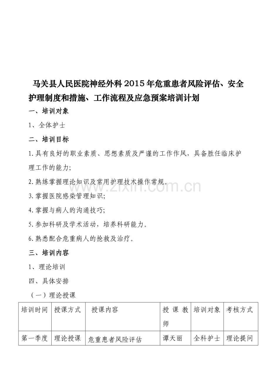 危重患者风险评估、安全护理制度和措施、工作流程及应急预案2015年培训计划.doc_第1页