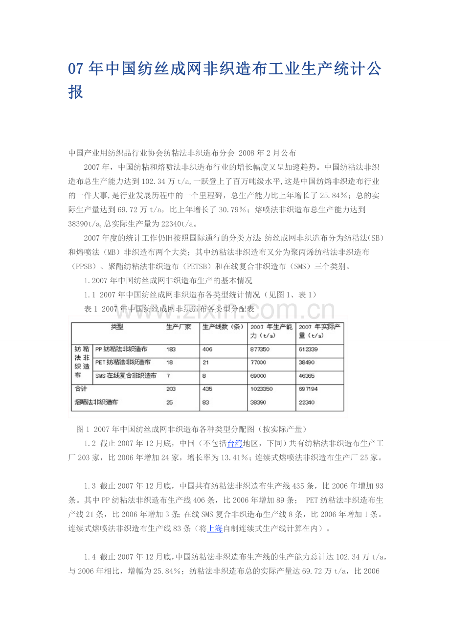 2007年中国纺丝成网非织造布工业生产统计公报.doc_第1页