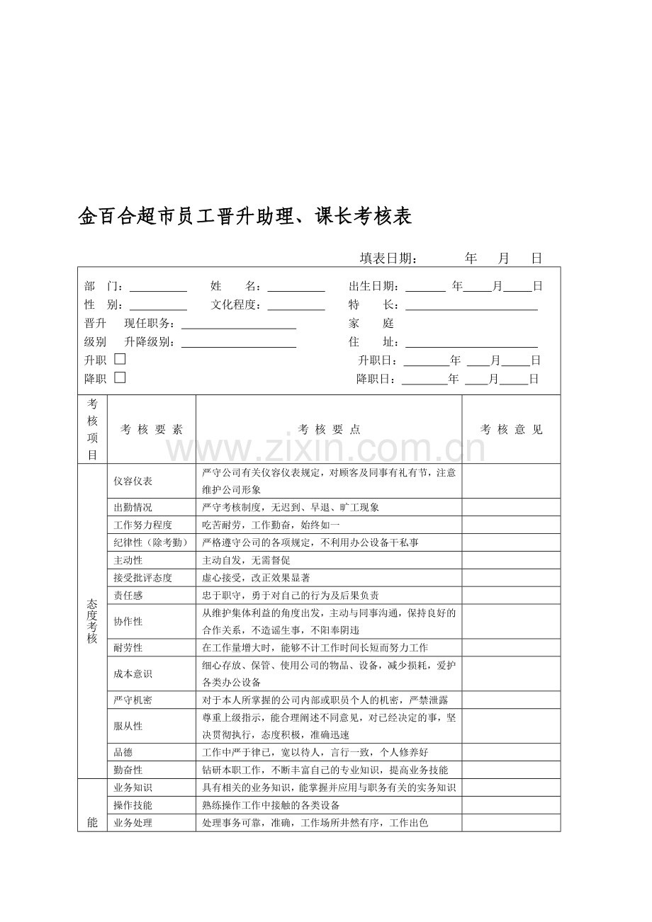 金百合超市员工晋升助理课长考核表.doc_第1页