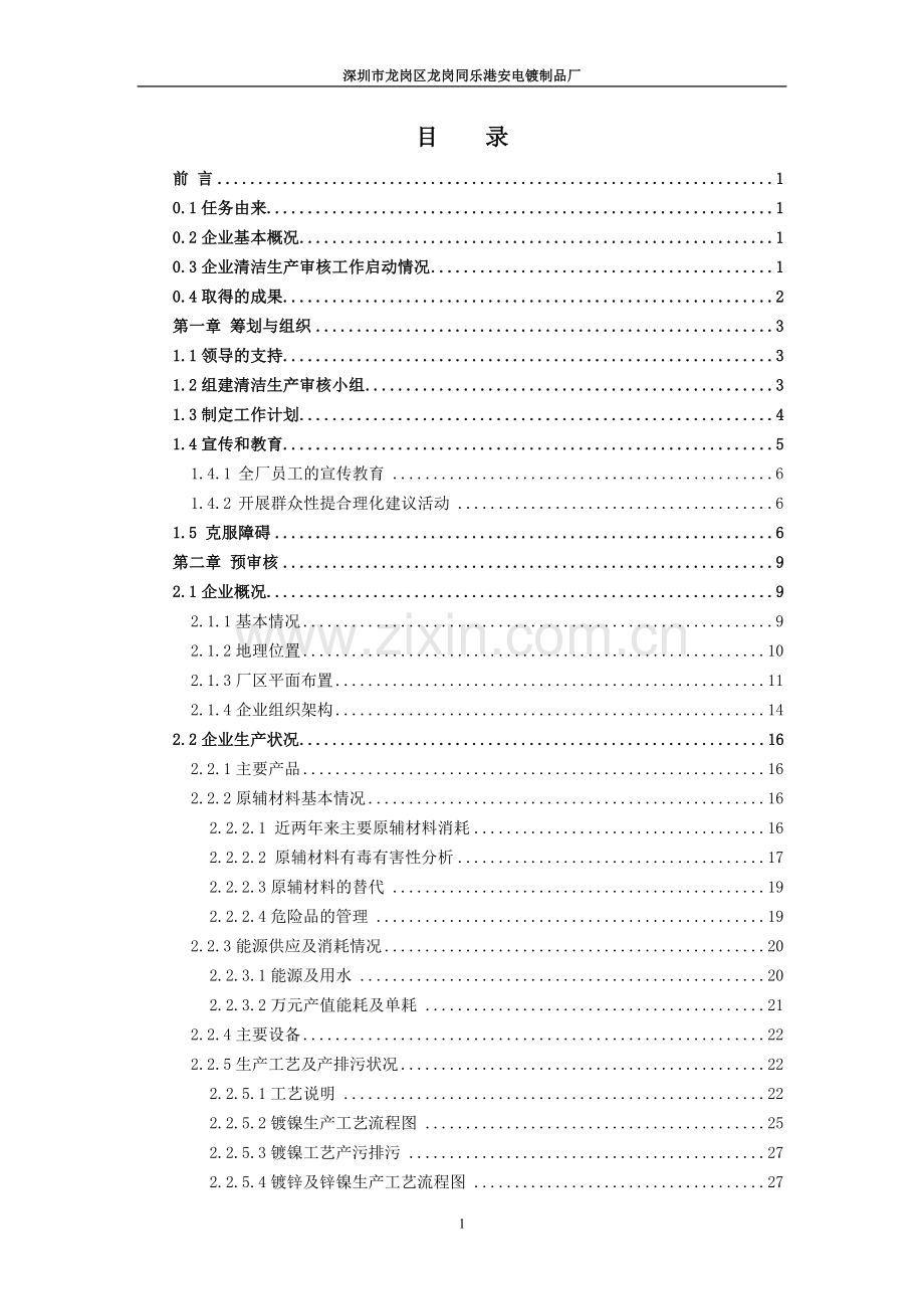 深圳市龙岗区龙岗同乐港安电镀制品厂清洁生产审核报告.doc_第1页