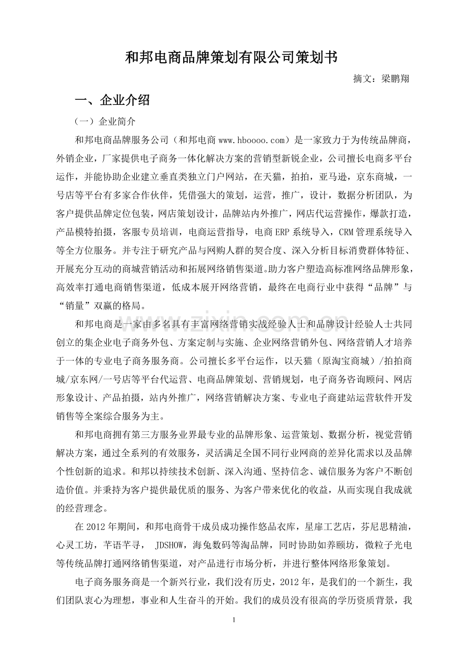 策划方案-—和邦电商品牌策划有限公司计划书.doc_第1页