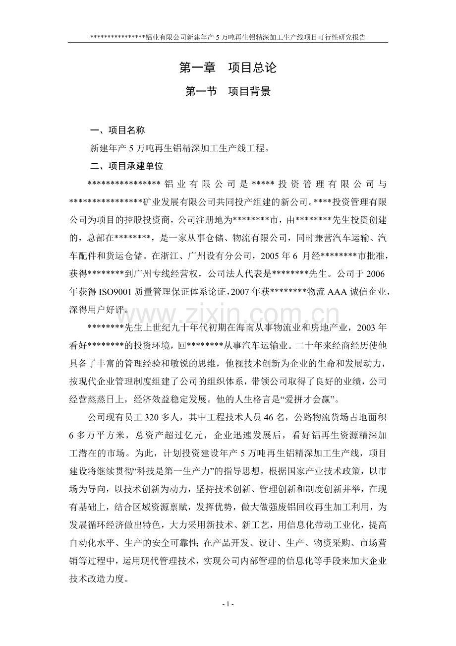 年产5万吨再生铝精深加工生产线新建项目可行性研究报告.doc_第1页