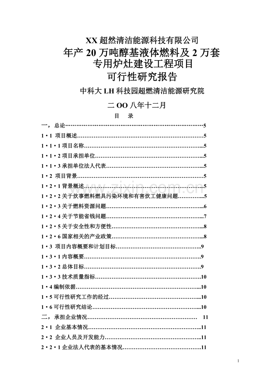 年产20万吨醇基液体燃料及2万套专用炉灶建设工程项目可行性研究报告书.doc_第1页